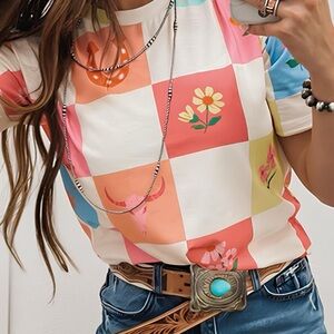 SYNZ Western Themed Colorful Checkered Women's Top